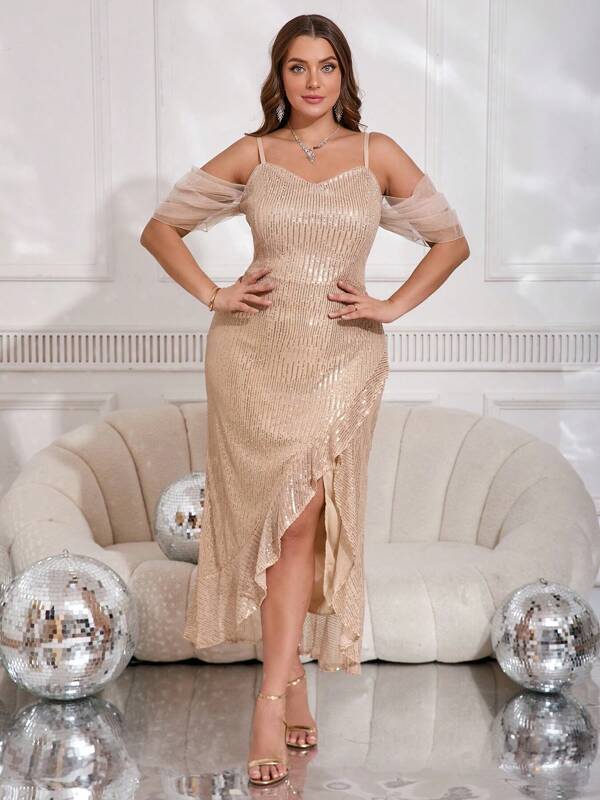 Plus Size Women Bridesmaid Dress, Party Dress, Evening Gown - Elegant Cold Shoulder Sequin Luxury Niche Minimalist Dress,Formal,Wedding Guest