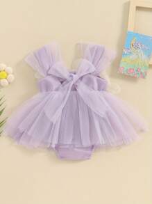 Baby Girls Mesh Lace Romper Dress Infant Summer Sleeveless 3D Flower Tulle Jumpsuits - 紫色 - 查看 3