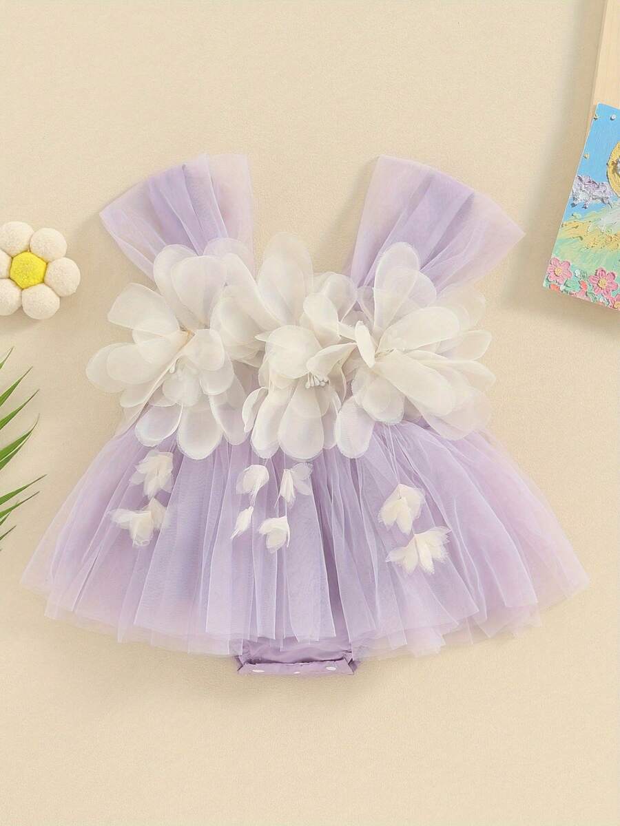 Baby Girl Clothes Sleeveless Lace 3D Butterfly Romper Dress Newborn First Birthday Cake Smash Outfit - 紫色 - 查看 1