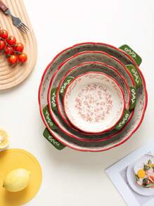 Fuente redonda de cerámica con asa, de estilo vintage con patrón floral pintado a mano. Apta para utensilios de cocina y comedor, adecuada para ensalada, pasta, a la parrilla, hornear, postres y preparación de pizza. Segura para horno y microondas.