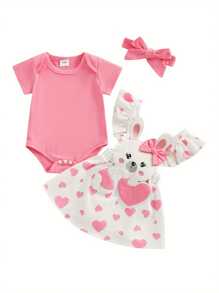 Conjunto de Pascua para bebé niña, mono de manga larga, mono con tirantes de conejito 3D, falda con diadema - Rosa - Ver 3