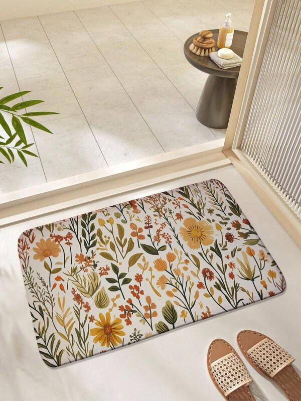 1 Stück Badeteppich mit Gartenmotiv, Frühlingsdekoration Küchenboden Teppich, Polyesterfaser Fußmatte, saugfähig, schnelltrocknend und rutschfest, geeignet für Badezimmer, Küche, Wohnzimmer, Heimdekoration, Badezimmerdekoration, Bodenbelag, Outdoor-Teppich, Fußmatte