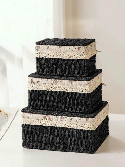 3pcs (S+M+L) 1pc Bohemian Woven Desktop Storage Basket, Suitable For Keys And Small Items, Coffee Table Storage Basket Set, Can Store Cosmetics, Keys, Snacks, Living Room, Entrance, Home, Woven Box, Decorative Storage Basket, Holiday Decor Gift Storage, Reusable Storage Rack Basket, Suitable For Stationery, Wardrobe, Toys, Cosmetics Storage, Desktop Organizer Basket, Ideal Gift Basket