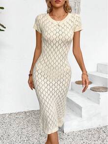 Women's Summer Short Sleeve Beach Knitted Maxi Dress,Modest Vintage Old Money Style Hollow Out Casual Vacation Cover-Up, Slim Fit And Random Patterns Back To School Fall Women Clothes Autumn - Màu be - Xem 4
