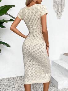 Women's Summer Short Sleeve Beach Knitted Maxi Dress,Modest Vintage Old Money Style Hollow Out Casual Vacation Cover-Up, Slim Fit And Random Patterns Back To School Fall Women Clothes Autumn - Màu be - Xem 2