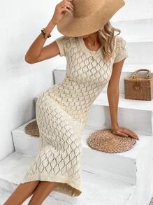Women's Summer Short Sleeve Beach Knitted Maxi Dress,Modest Vintage Old Money Style Hollow Out Casual Vacation Cover-Up, Slim Fit And Random Patterns Back To School Fall Women Clothes Autumn - Màu be - Xem 1