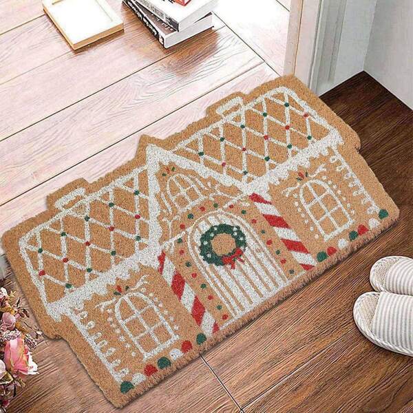 1PCS 31.5*19.7 In Celebrate The Season With Merry Christmas Doormats! Fashion Reindeer & Gingerbread House Print Entryway Rugs - Non-Slip Decorative Floor Mats For Festive Homes!