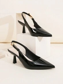 Black Patent Shiny Metallic Buckle Decor Back Strap Thin Heel Daily, Party, Event Wear Black Fashion Plus Size Wide Fit Women High Heels,Kitten Heels - Black - View 2
