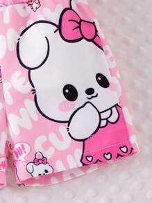 2pcs/Set Baby Girl Casual Solid Ribbed Short Sleeve T-Shirt And Cartoon Rabbit Bear Letter Print Pocket Overall Shorts Set