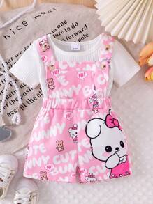 2pcs/Set Baby Girl Casual Solid Ribbed Short Sleeve T-Shirt And Cartoon Rabbit Bear Letter Print Pocket Overall Shorts Set