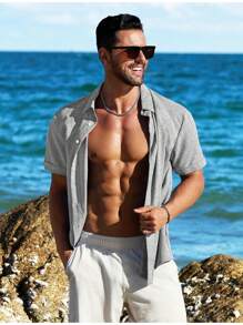 Men's Plain Casual Short Sleeve Open Front Shirt - Grey - View 2