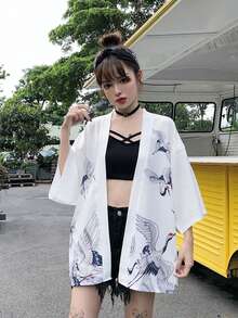 Chaqueta estilo yukata retro estampada con grullas, estilo japonés - Kimono de verano para protección solar - Blanco - Ver 3