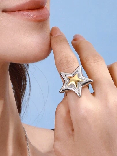 Uworld 1 pieza de anillo abierto de acero inoxidable con estrella de cinco puntas de color dorado y plateado, acabado chapado en oro de 18K, adecuado para uso diario, vacaciones, transporte y fiestas.