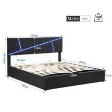 Comfortable Upholstered Bed With Light Strips, 140*200 Cm, Double Bed With Slatted Base, Backrest, Hydraulic Functional Bed, Synthetic Leather, Black - 黑色 - 查看 3