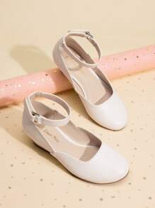 Girls Wedding Shoes | Dress Flats With Low Wedge Heel & Flower Ankle Strap For Toddler To Big Kid - Màu be - Xem 1