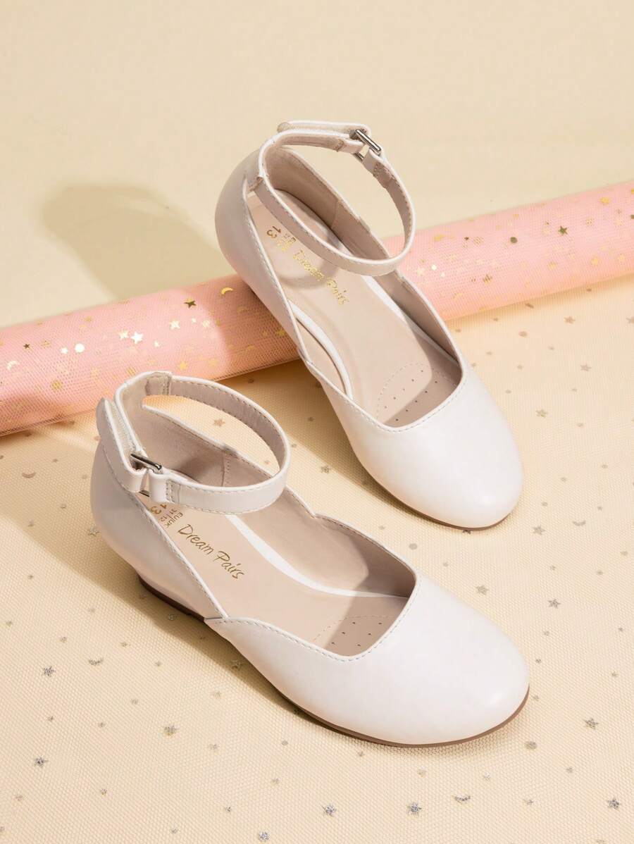 Girls Wedding Shoes | Dress Flats With Low Wedge Heel & Flower Ankle Strap For Toddler To Big Kid - Màu be - Xem 1