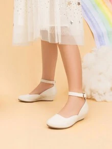 Girls Wedding Shoes | Dress Flats With Low Wedge Heel & Flower Ankle Strap For Toddler To Big Kid - Màu be - Xem 3