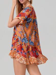 Womens Bohemian Babydoll Dress Casual Summer Floral Dresses Short Sleeve V Neck Sundress Flowy Ruffle Dress With Pockets