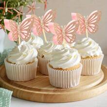 12Pcs Light Red Butterfly Cupcake Toppers - Double Layer Glitter Decorations For Baby Showers, Weddings, Birthdays, Gender Reveals & More - Multicolor - View 1