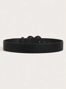 1 件女式复古金属扣花卉印花 PU 皮带，适合西部牛仔风格夏季、学校秋季、秋季、万圣节 - 黑色 - 查看 3