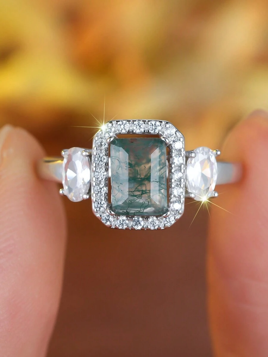 1 件 925 纯银矩形天然海藻玛瑙 CZ 密镶订婚戒指，天然海藻玛瑙戒指，时尚女士戒指，结婚戒指，周年纪念礼物 - 天然瑪瑙花紋都是不同的 - 查看 1