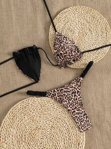 Swimsuits For Woman Reversible Leopard Print Bikini Set With Tie-Front Halter Neck, Perfect For Summer Beach Holidays,Bathing Suits For Women,Swimsuit,Swimsuits For Woman,Bathing Suits,Swim Chiccia,Birthday Outfits For Women - Multicolor - View 2