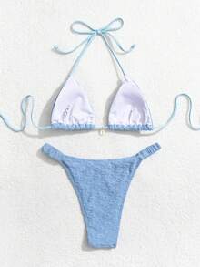 性感休闲度假女士特殊材质吊带比基尼泳装套装，适合夏季海滩度假 - 淺藍色 - 查看 2