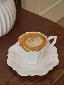 1 Pc French High-End Embossed Floral Lace Design Coffee Cup & Saucer Set, Elegant Afternoon Tea And Latte Cup Back To School - White - View 3