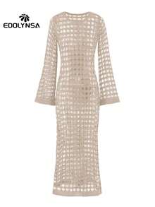 性感镂空喇叭袖白色针织钩花连衣裙女式夏季时尚泳衣罩衫 - 卡其色 - 查看 6