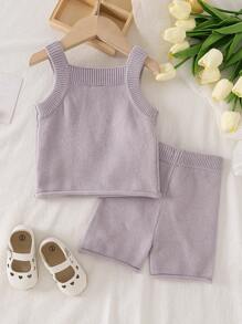 2pcs Baby Girls Knitted Romper & Sweater Set, Autumn/Winter - Mauve Purple - View 3