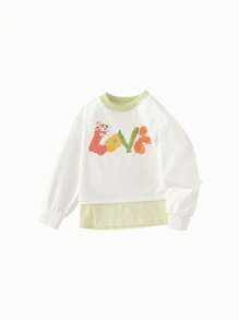 Balabala Young Girl 2 In 1 Sweatshirt, Casual Letter Print Long Sleeve Sweatshirt For Spring - Original White - View 1