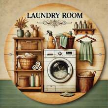 1pc Vintage Laundry Room Metal Wall Art, 7.8x7.8 Inch Round 2D Flat Printed Metal Sign, Durable And Easy To Hang Home, Office, Cafe Decor - Waterproof And Heat-Resistant, Laundry Room Accessory, 2D, Suitable For Room Decor With Pre-Drilled Holes, Random Hole Style