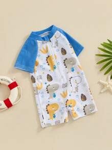 Toddler Boys Rash Guard Swimwear Cartoon Marine Organisms Print Short Sleeve Swimsuits Front Zipper Bathing Suits - White - View 2