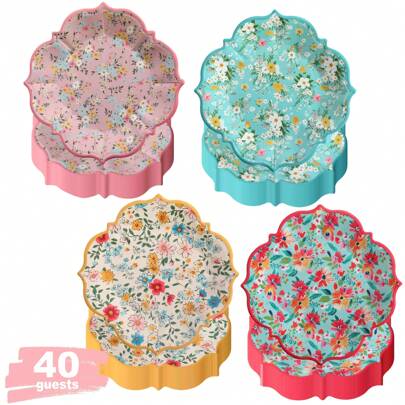 40pcs 9-Inch Lunch Paper Plates, 4 Floral Patterns, Party Plates, Elegant Floral Disposable Plates, Dessert Plates, Suitable For Tea Party, Wedding, Bridal Shower, Birthday And Easter Garden Party Decor, Spring Floral Patterns (Serves 40)