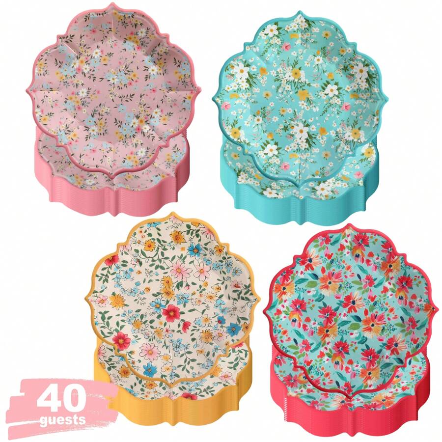 40 chiếc đĩa giấy ăn trưa 9 inch, 4 họa tiết hoa, đĩa tiệc, đĩa dùng một lần họa tiết hoa trang nhã, đĩa tráng miệng, thích hợp cho tiệc trà, đám cưới, tiệc cô dâu, sinh nhật và tiệc vườn Phục Sinh, họa tiết hoa mùa xuân (phục vụ 40 người) - 9in-40 Cái - Xem 1