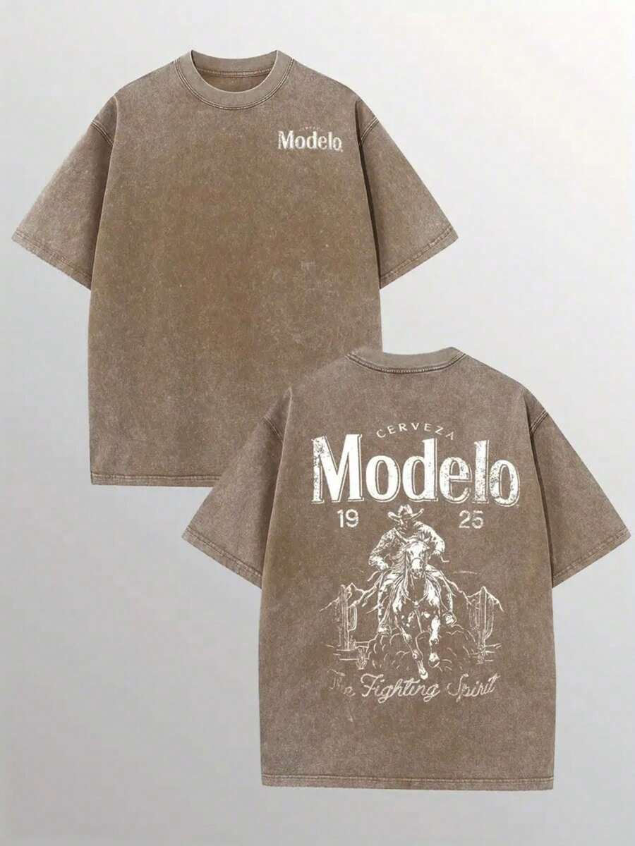 1 Piece, 230G Double-Sided Water Wash, Modelo1 Piece, Washed Printed T-Shirt 230g, High-Quality Batik Cotton Retro Fashion Brand T-Shirt, A Certain Thickness Suitable For Summer T-Shirts, Holiday Gifts. - Màu Khaki - Xem 1