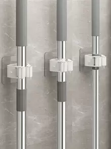 1/3/5pcs Waterproof Damage-Free No-Drill Strong Adhesive Mop Clamps, Bathroom And Kitchen Mop/Broom Hanger Hooks, Sticky Wall Hooks, Broom Holder And Mop Clip, Cleaning Tool Storage Clip Rack