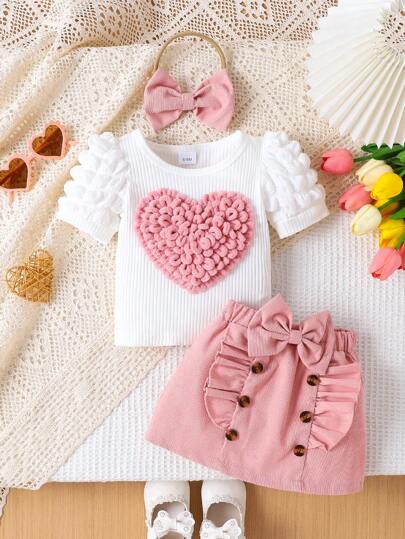 3 st Baby Girl Elegant Set: Hjärtbroderad Casual Kortärmad topp, volanger & stor rosett dekorerad kjol, rosa hårslips