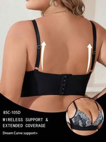 Plus Size Women Lace Insert Wireless Bras, Comfortable Lingerie - Black - View 2