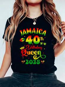 40Th Birthday Queen Jamaica Girl Matching Party 2025 T-Shirt Print Cotton T-Shirt For Summer, Women's Soft Short Sleeve Top, Stylish Comfy Tee For Women Graphic Tees