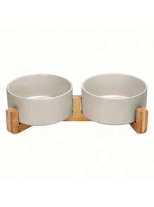 Ceramic Cat/Dog Bowl With Anti-Slip Wooden Stand, Elevated Pet Food & Water Bowl, Round Pet Feeding Bowl, Dishwasher , Easy To Clean