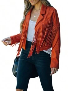 Women Summer Solid Color Collared Jacket With Tassels Long Sleeve Open Front Coat Streetwear - Rust Brown - View 1