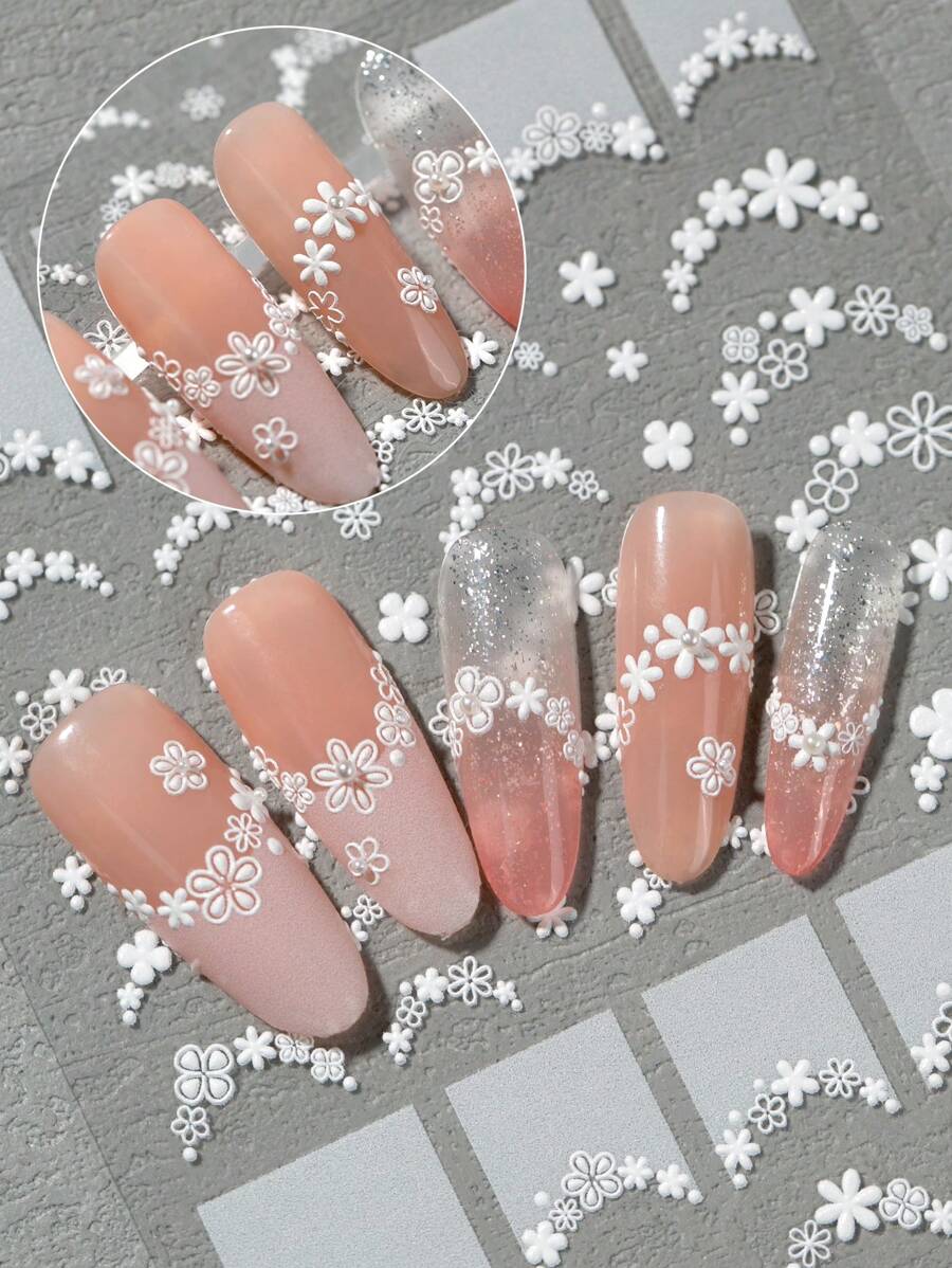 1 White Relief French Style Nail Art Sticker With White Flowers, Five Petal Flowers, Ditsy Flowers, Vines And Other Nail DIY Materials, Suitable For Personal DIY Use Nails Nail Supplies Nail Stickers