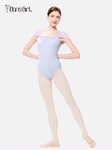 DonsGirl 1pc Women's Off Shoulder Ruched Mesh Front Ballet Leotard, Princess Style, Sweet & Bodycon - Baby Blue - View 8