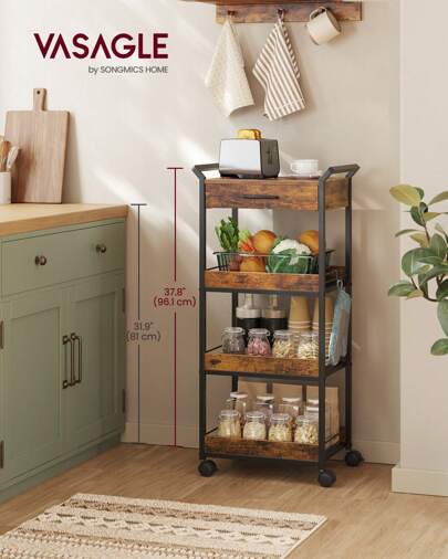 VASAGLE 4-Tier Rolling Storage Trolley With Table Top And Handles, Featuring 4 Lockable Castors, Top Drawer, And Mesh Shelves, Perfect For Organizing Kitchen, Bathroom, And Bedroom Essentials In Rustic Brown And Ink Black, Ideal For Home Decor And Maximizing Space Efficiency, Stylish And Functional Storage Solution For Every Room, Enhance Your Living Space With This Versatile Cart