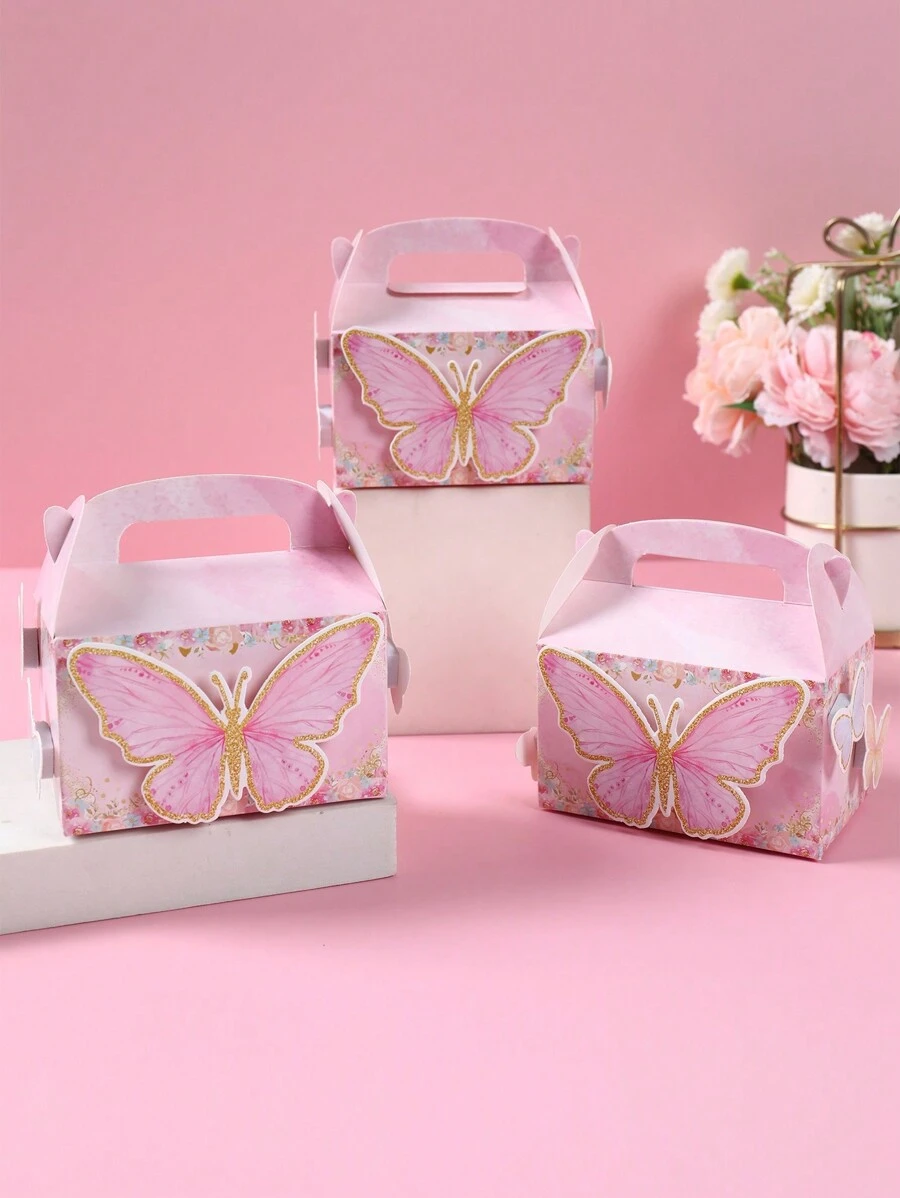 4个粉色蝴蝶造型便携式礼盒，蝴蝶主题派对礼品包装盒，粉色蝴蝶糖果盒，甜点蛋糕面包盒饼干盒，粉色蝴蝶派对装饰，粉色婚礼回礼盒，粉色蝴蝶生日家庭活动装饰，宝宝性别揭晓派对装饰，生日派对用品，宝宝派对用品 - 粉色 - 查看 1