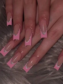 24 piezas Pegatinas de uñas francesas rosas largas para realzar tu sentido de la moda. Estilo minimalista y elegante, duradero y reutilizable. El set incluye 1 gel de gelatina y 1 lima de uñas, adecuado para mujeres y niñas para uso diario o fiestas. Suministros de uñas - Multicolor - Ver 2