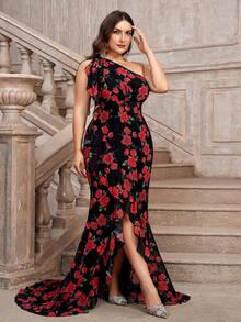 Plus Size One-Shoulder Jacquard Maxi Prom Dress, Party Dress, Wedding Guest Dress