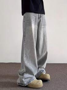 Men's Streetwear Loose Fit Light Grey Jeans - Light Grey - View 3