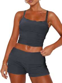 Conjunto de ropa de verano para mujer, top de tirantes con ribete de encaje y pantalones cortos con cintura plegable - Gris Oscuro - Ver 3